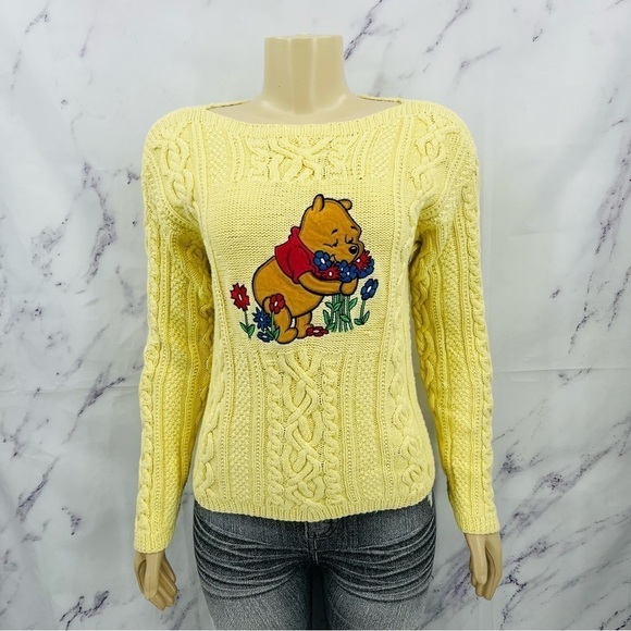 Disney Vintage Winnie The Pooh Chunky Knit Sweater Yellow - Picture 1 of 7